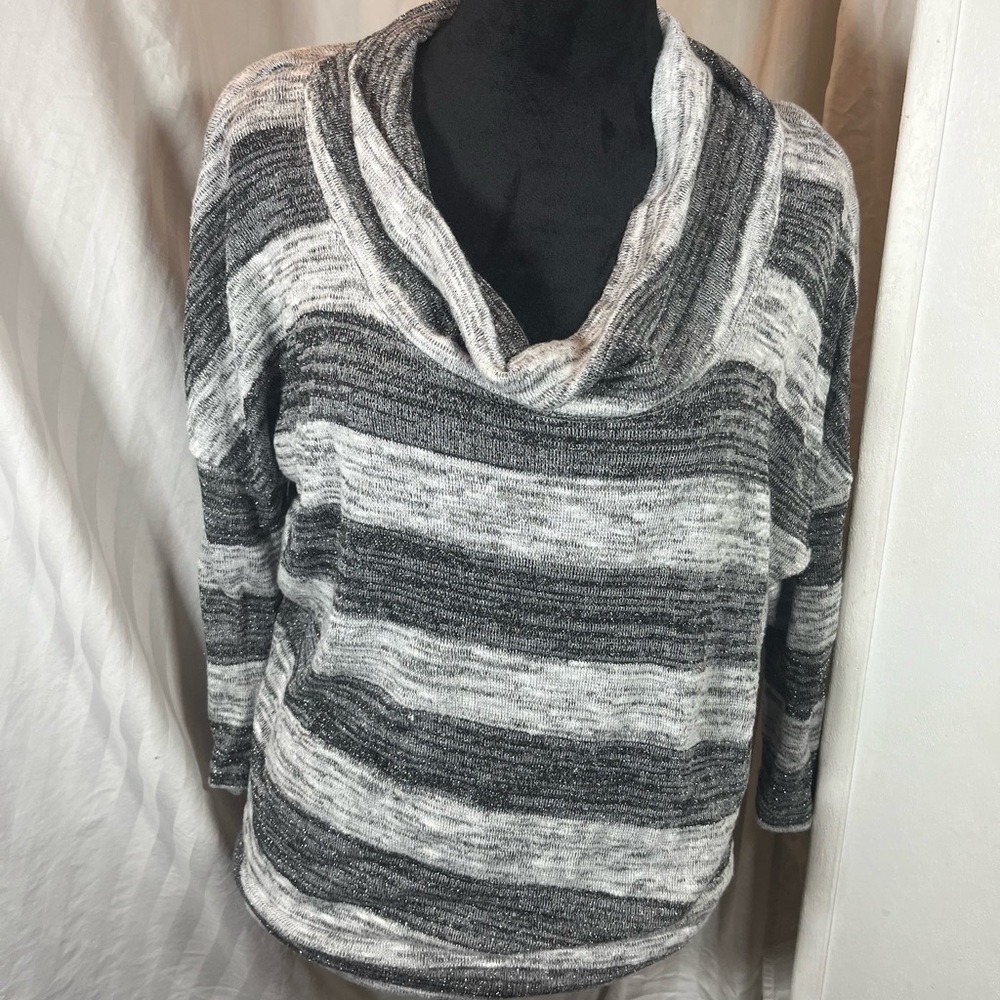 Jessica Simpson Womens Silver Metallic Striped Cowl Neck Knit Sweater Grey Large